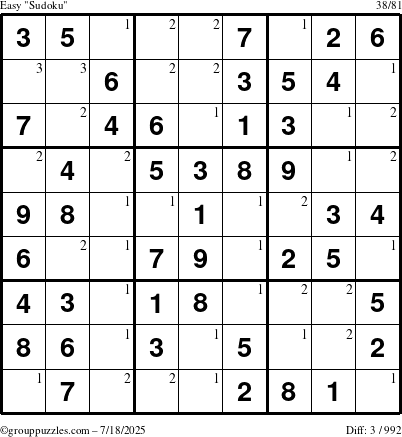 The grouppuzzles.com Easy Sudoku puzzle for Friday July 18, 2025 with the first 3 steps marked