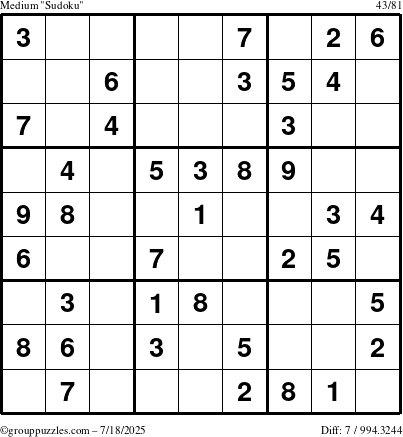 The grouppuzzles.com Medium Sudoku puzzle for Friday July 18, 2025