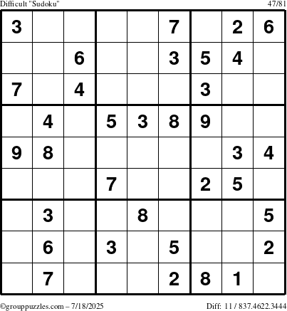 The grouppuzzles.com Difficult Sudoku puzzle for Friday July 18, 2025