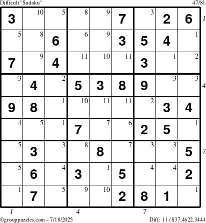 The grouppuzzles.com Difficult Sudoku puzzle for Friday July 18, 2025 with all 11 steps marked