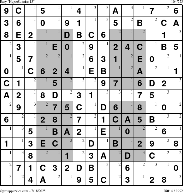 The grouppuzzles.com Easy HyperSudoku-15 puzzle for Friday July 18, 2025 with the first 3 steps marked