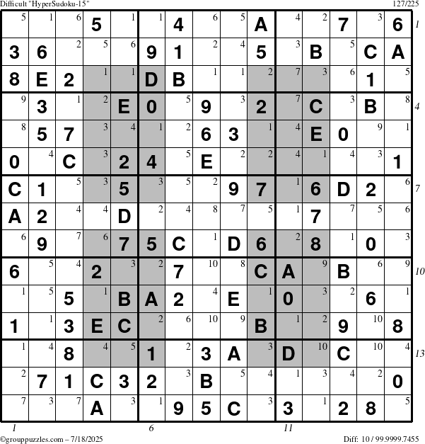 The grouppuzzles.com Difficult HyperSudoku-15 puzzle for Friday July 18, 2025, suitable for printing, with all 10 steps marked