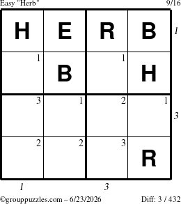 The grouppuzzles.com Easy Herb puzzle for Tuesday June 23, 2026 with all 3 steps marked
