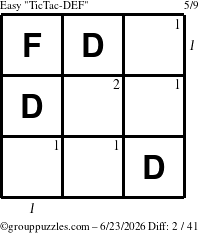The grouppuzzles.com Easy TicTac-DEF puzzle for Tuesday June 23, 2026 with all 2 steps marked