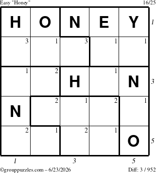 The grouppuzzles.com Easy Honey puzzle for Tuesday June 23, 2026, suitable for printing, with all 3 steps marked