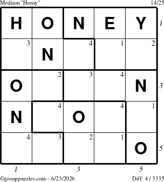 The grouppuzzles.com Medium Honey puzzle for Tuesday June 23, 2026 with all 4 steps marked