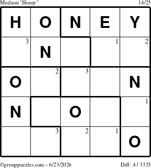 The grouppuzzles.com Medium Honey puzzle for Tuesday June 23, 2026 with the first 3 steps marked