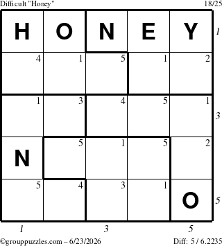 The grouppuzzles.com Difficult Honey puzzle for Tuesday June 23, 2026, suitable for printing, with all 5 steps marked