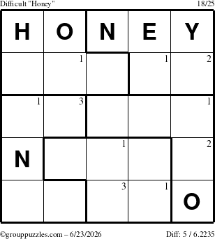 The grouppuzzles.com Difficult Honey puzzle for Tuesday June 23, 2026 with the first 3 steps marked