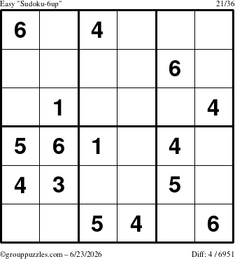 The grouppuzzles.com Easy Sudoku-6up puzzle for Tuesday June 23, 2026