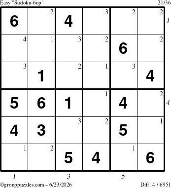 The grouppuzzles.com Easy Sudoku-6up puzzle for Tuesday June 23, 2026, suitable for printing, with all 4 steps marked