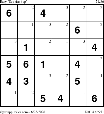 The grouppuzzles.com Easy Sudoku-6up puzzle for Tuesday June 23, 2026 with the first 3 steps marked