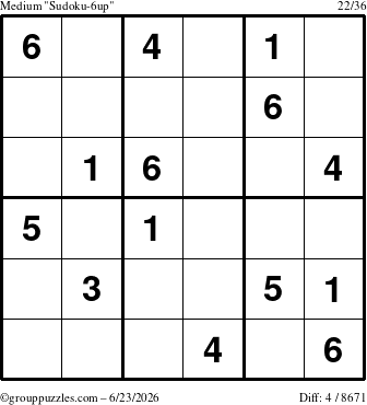 The grouppuzzles.com Medium Sudoku-6up puzzle for Tuesday June 23, 2026