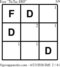 The grouppuzzles.com Easy TicTac-DEF puzzle for Tuesday June 23, 2026 with the first 2 steps marked
