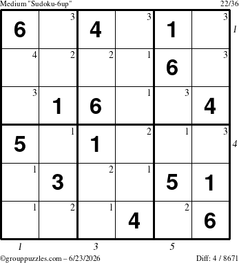 The grouppuzzles.com Medium Sudoku-6up puzzle for Tuesday June 23, 2026, suitable for printing, with all 4 steps marked