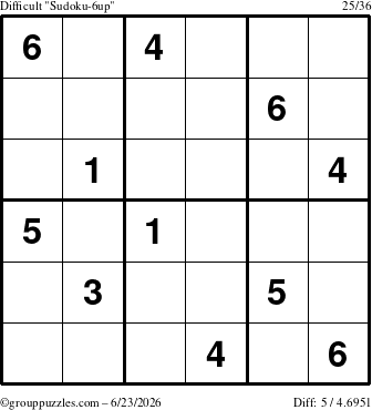The grouppuzzles.com Difficult Sudoku-6up puzzle for Tuesday June 23, 2026