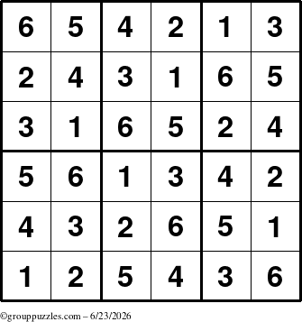 The grouppuzzles.com Answer grid for the Sudoku-6up puzzle for Tuesday June 23, 2026