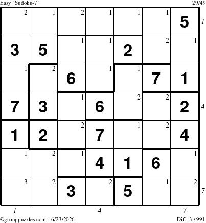The grouppuzzles.com Easy Sudoku-7 puzzle for Tuesday June 23, 2026, suitable for printing, with all 3 steps marked