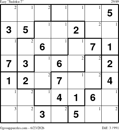 The grouppuzzles.com Easy Sudoku-7 puzzle for Tuesday June 23, 2026 with the first 3 steps marked