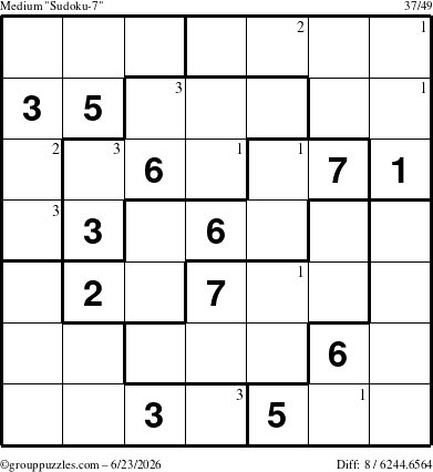 The grouppuzzles.com Medium Sudoku-7 puzzle for Tuesday June 23, 2026 with the first 3 steps marked