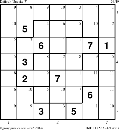 The grouppuzzles.com Difficult Sudoku-7 puzzle for Tuesday June 23, 2026 with all 11 steps marked