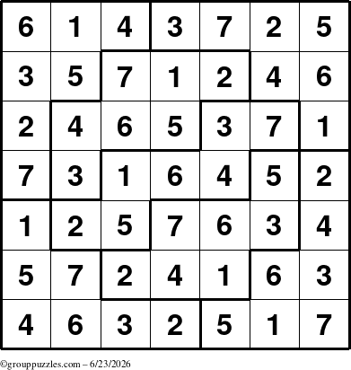 The grouppuzzles.com Answer grid for the Sudoku-7 puzzle for Tuesday June 23, 2026