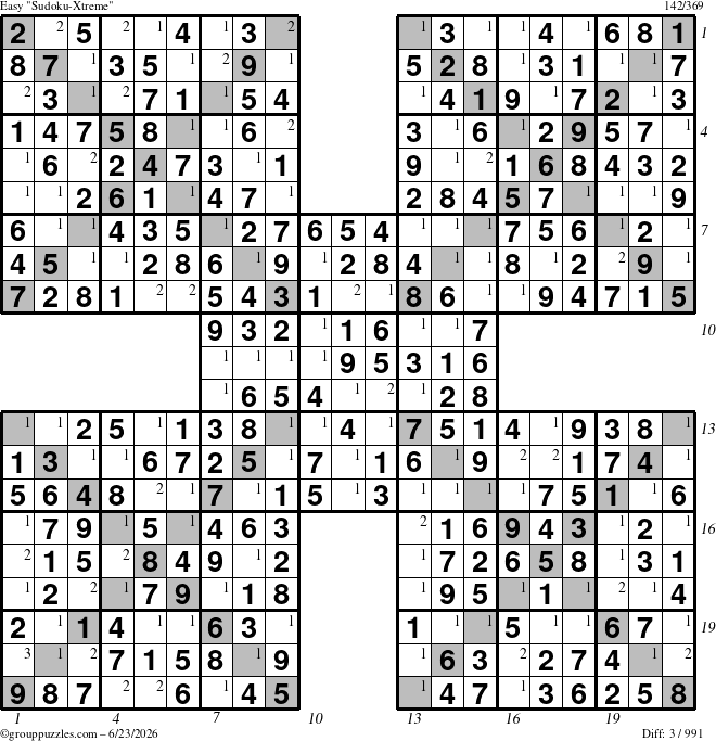 The grouppuzzles.com Easy Sudoku-Xtreme puzzle for Tuesday June 23, 2026, suitable for printing, with all 3 steps marked