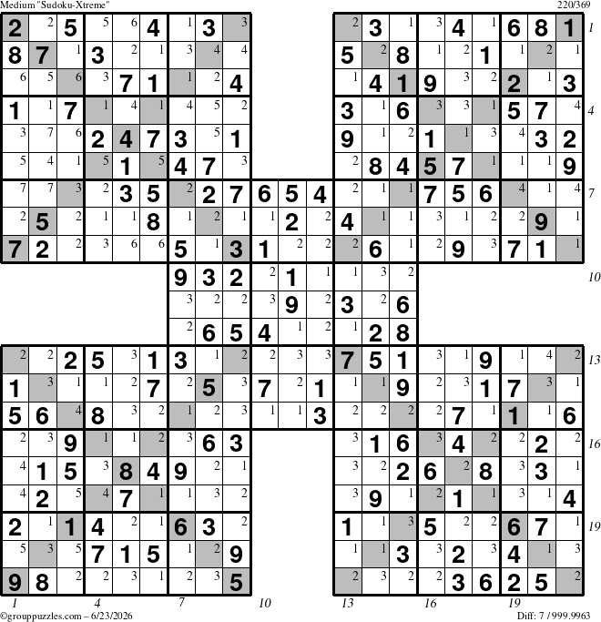 The grouppuzzles.com Medium Sudoku-Xtreme puzzle for Tuesday June 23, 2026 with all 7 steps marked
