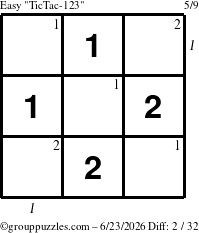 The grouppuzzles.com Easy TicTac-123 puzzle for Tuesday June 23, 2026 with all 2 steps marked
