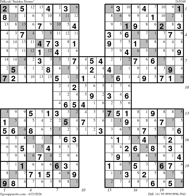 The grouppuzzles.com Difficult Sudoku-Xtreme puzzle for Tuesday June 23, 2026, suitable for printing, with all 14 steps marked