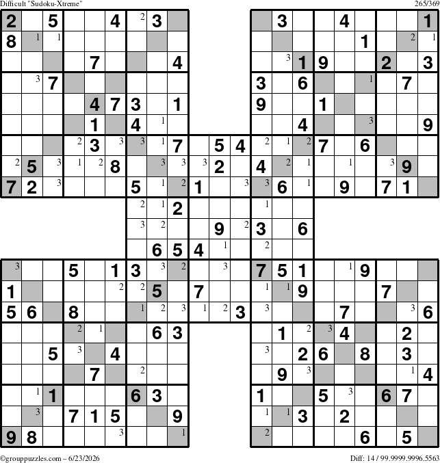 The grouppuzzles.com Difficult Sudoku-Xtreme puzzle for Tuesday June 23, 2026 with the first 3 steps marked