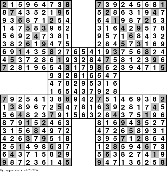The grouppuzzles.com Answer grid for the Sudoku-Xtreme puzzle for Tuesday June 23, 2026