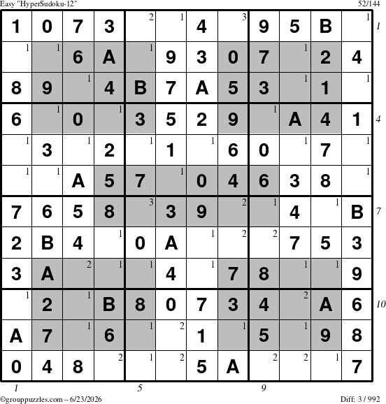 The grouppuzzles.com Easy HyperSudoku-12 puzzle for Tuesday June 23, 2026, suitable for printing, with all 3 steps marked