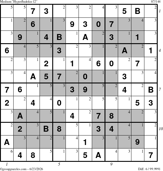 The grouppuzzles.com Medium HyperSudoku-12 puzzle for Tuesday June 23, 2026, suitable for printing, with all 6 steps marked