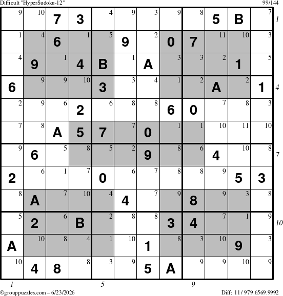The grouppuzzles.com Difficult HyperSudoku-12 puzzle for Tuesday June 23, 2026 with all 11 steps marked