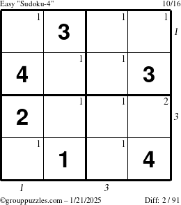 The grouppuzzles.com Easy Sudoku-4 puzzle for Tuesday January 21, 2025 with all 2 steps marked