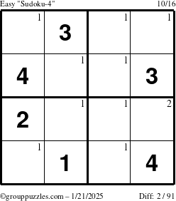 The grouppuzzles.com Easy Sudoku-4 puzzle for Tuesday January 21, 2025 with the first 2 steps marked