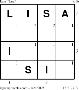 The grouppuzzles.com Easy Lisa puzzle for Tuesday January 21, 2025 with all 2 steps marked