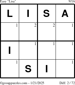 The grouppuzzles.com Easy Lisa puzzle for Tuesday January 21, 2025 with the first 2 steps marked