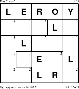 The grouppuzzles.com Easy Leroy puzzle for Tuesday January 21, 2025 with the first 3 steps marked