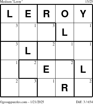 The grouppuzzles.com Medium Leroy puzzle for Tuesday January 21, 2025 with the first 3 steps marked