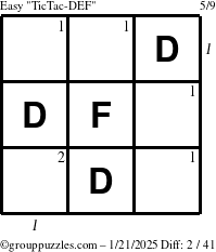 The grouppuzzles.com Easy TicTac-DEF puzzle for Tuesday January 21, 2025, suitable for printing, with all 2 steps marked