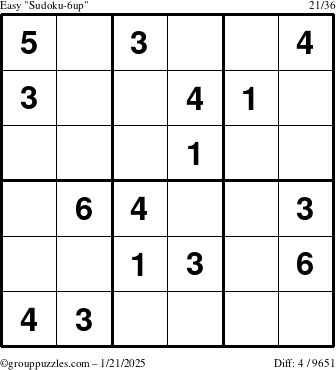 The grouppuzzles.com Easy Sudoku-6up puzzle for Tuesday January 21, 2025