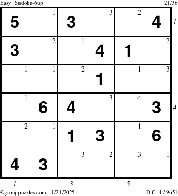 The grouppuzzles.com Easy Sudoku-6up puzzle for Tuesday January 21, 2025 with all 4 steps marked