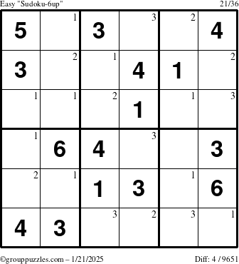 The grouppuzzles.com Easy Sudoku-6up puzzle for Tuesday January 21, 2025 with the first 3 steps marked