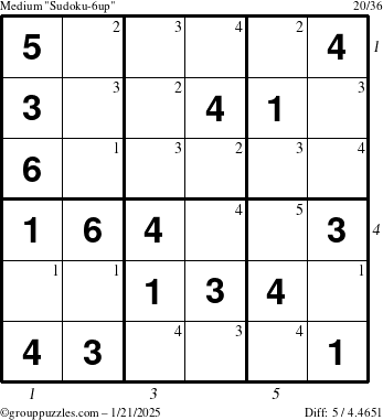 The grouppuzzles.com Medium Sudoku-6up puzzle for Tuesday January 21, 2025 with all 5 steps marked