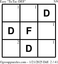 The grouppuzzles.com Easy TicTac-DEF puzzle for Tuesday January 21, 2025 with the first 2 steps marked