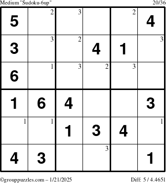 The grouppuzzles.com Medium Sudoku-6up puzzle for Tuesday January 21, 2025 with the first 3 steps marked