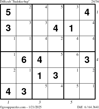 The grouppuzzles.com Difficult Sudoku-6up puzzle for Tuesday January 21, 2025 with all 6 steps marked