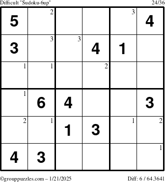 The grouppuzzles.com Difficult Sudoku-6up puzzle for Tuesday January 21, 2025 with the first 3 steps marked